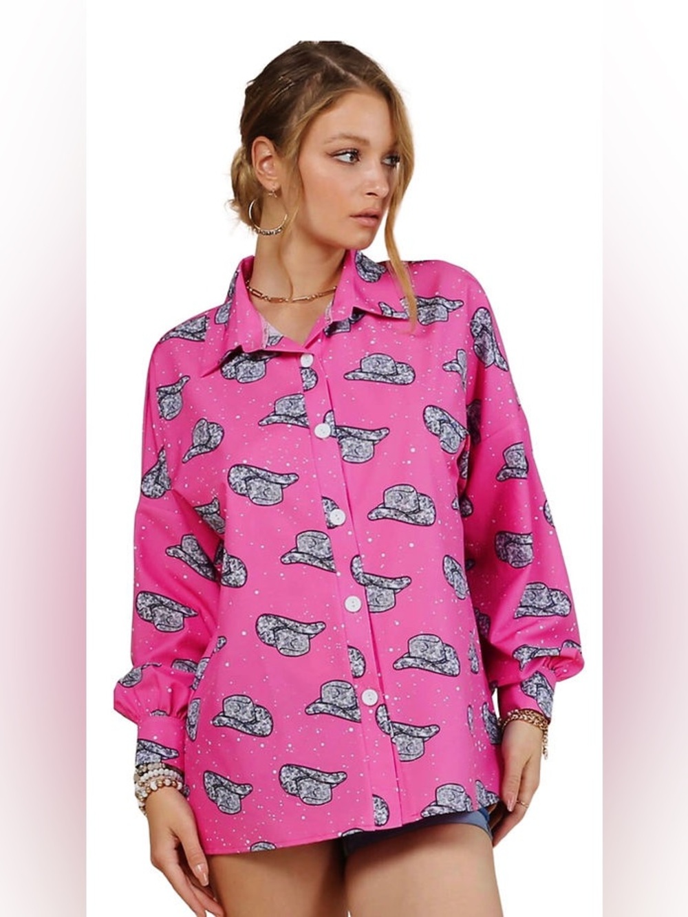 $68 Nylon Apparel Retro Disco Cowgirl Cowboy Hat Button Down Shirt M